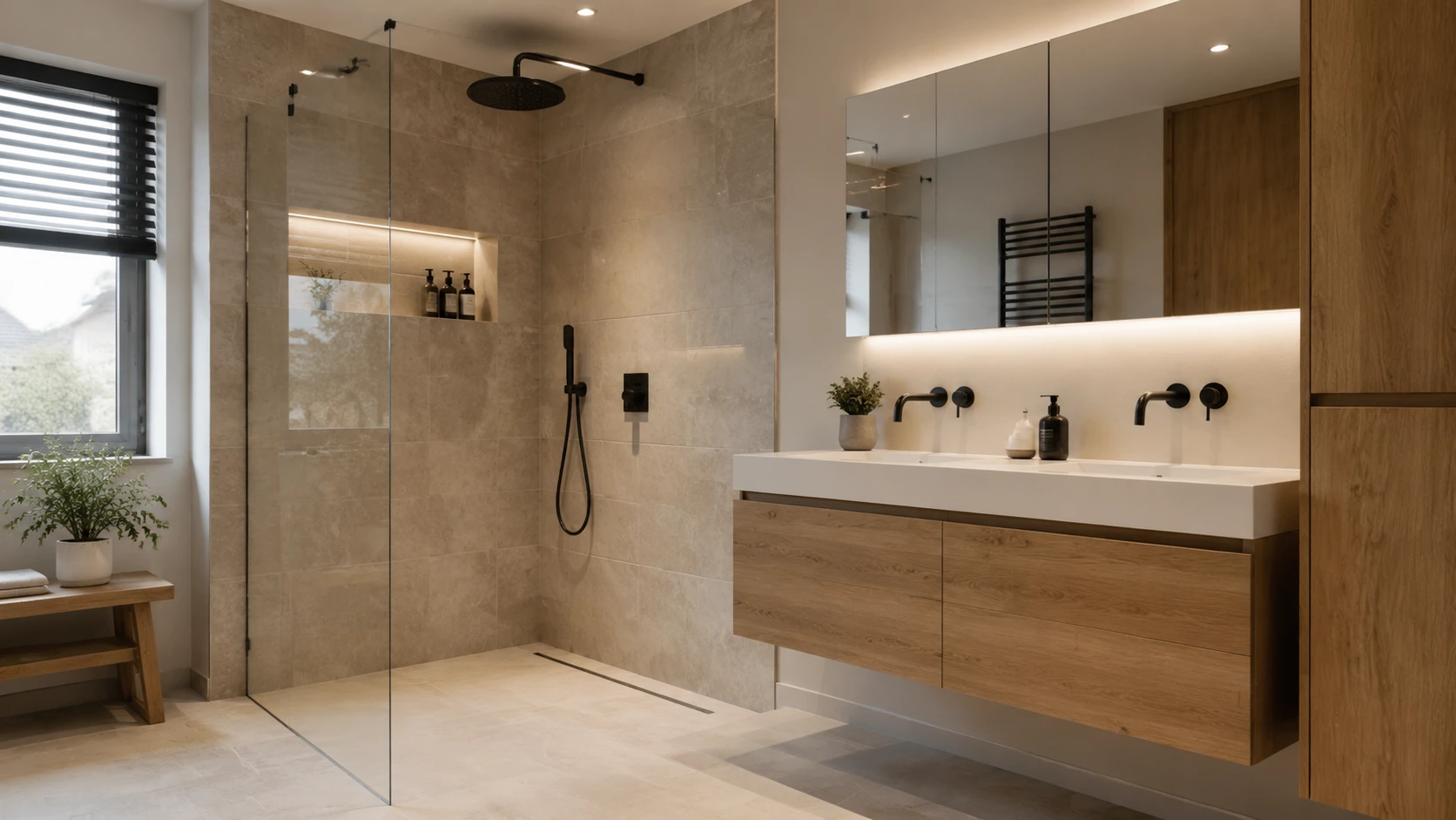 Moderne badkamer met inloopdouche, grote wandtegels en dubbel wastafelmeubel