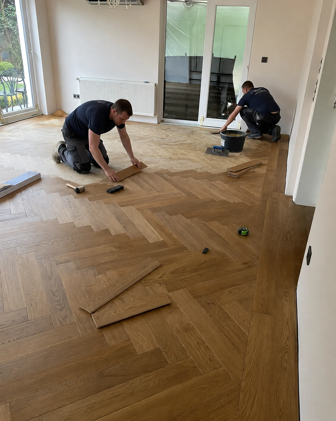 Farwood legt een visgraat parketvloer in een woonkamer in Haren