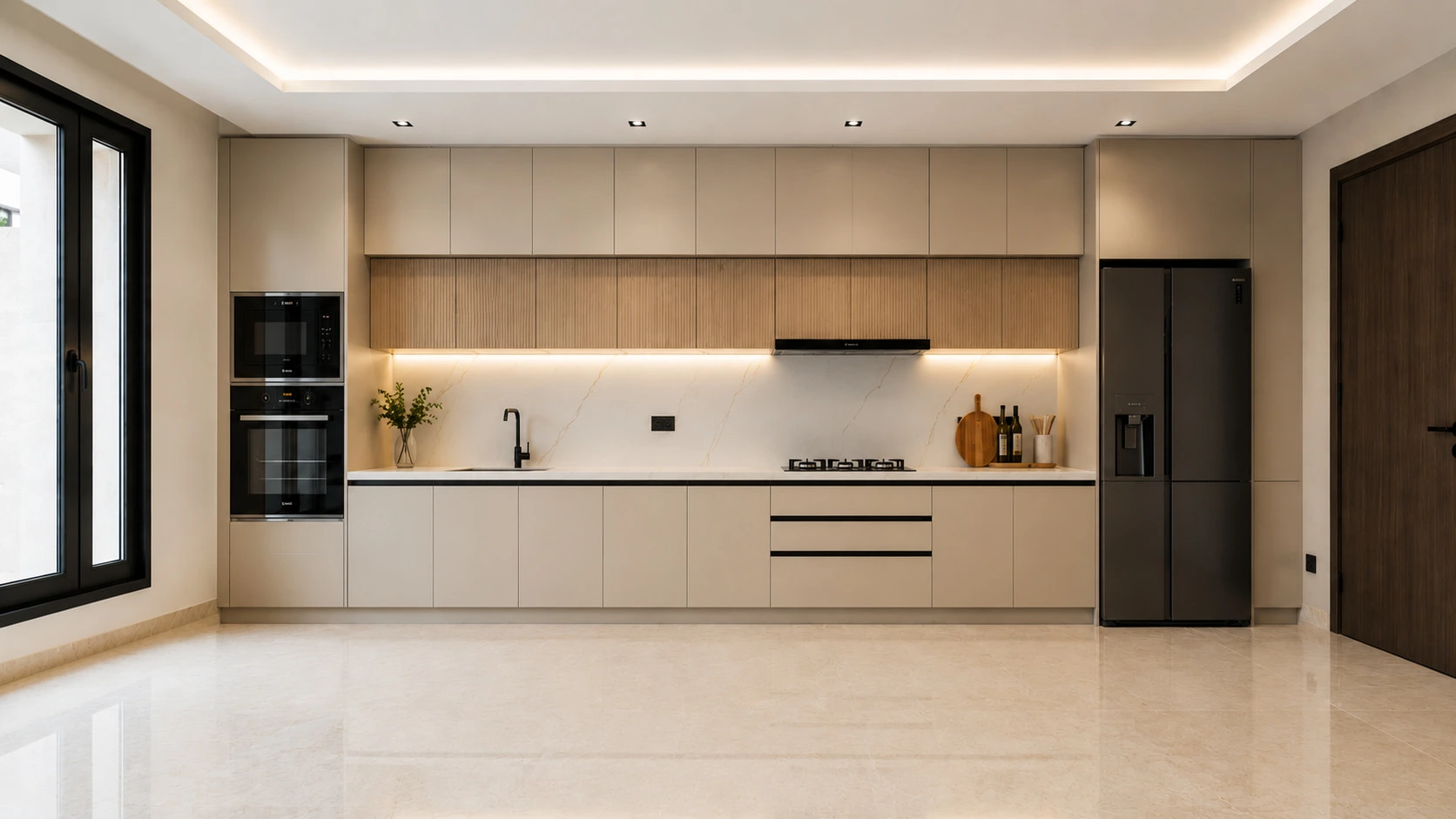 Moderne keuken met lichte kasten, houten wandpanelen en ingebouwde apparatuur